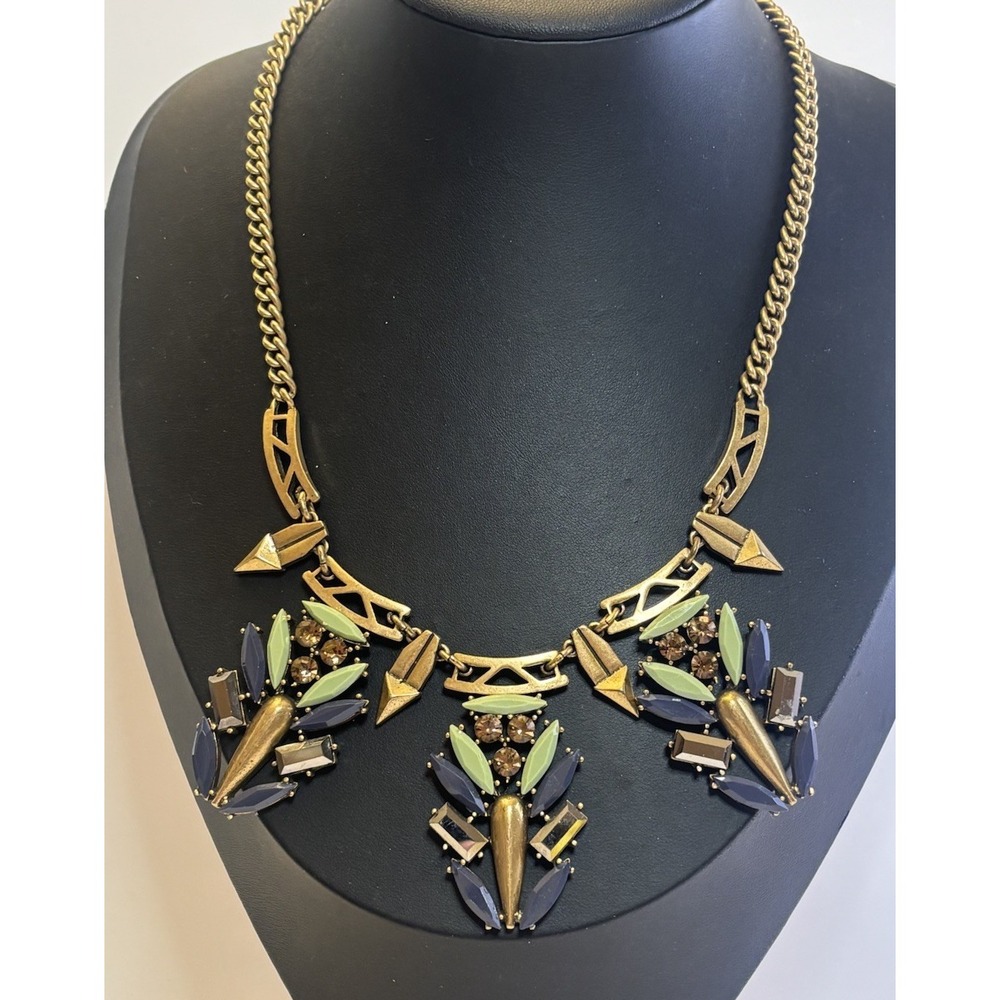 Vintage J Crew Brulee Art Deco Crystal Statement Necklace Brass Rhinestone 19"